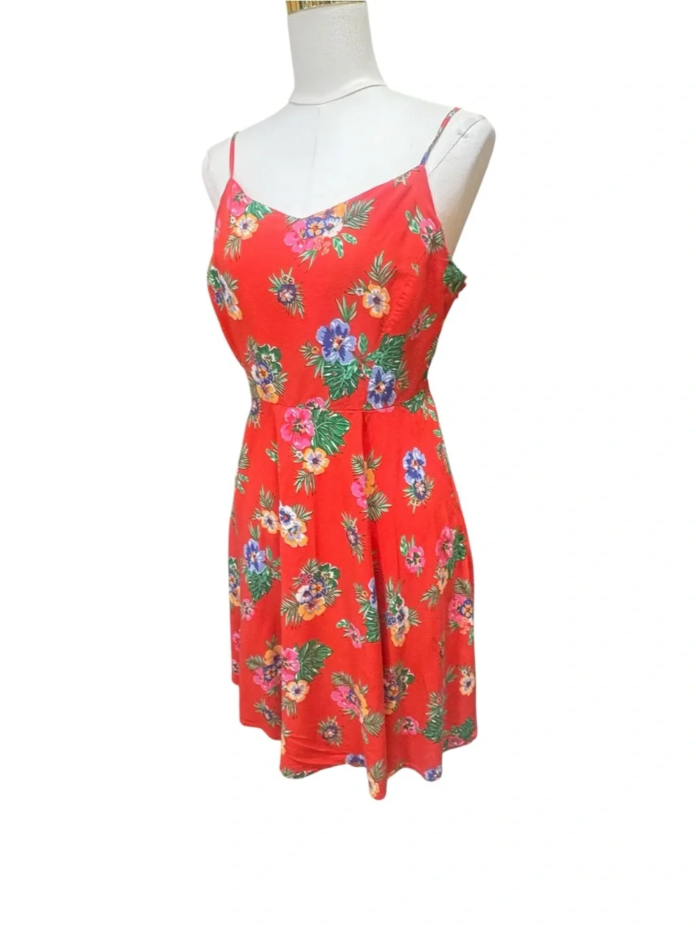 Old Navy Red Tropical Floral Fit & Flare Mini Dress Strappy Lined Size Large - Picture 8 of 9
